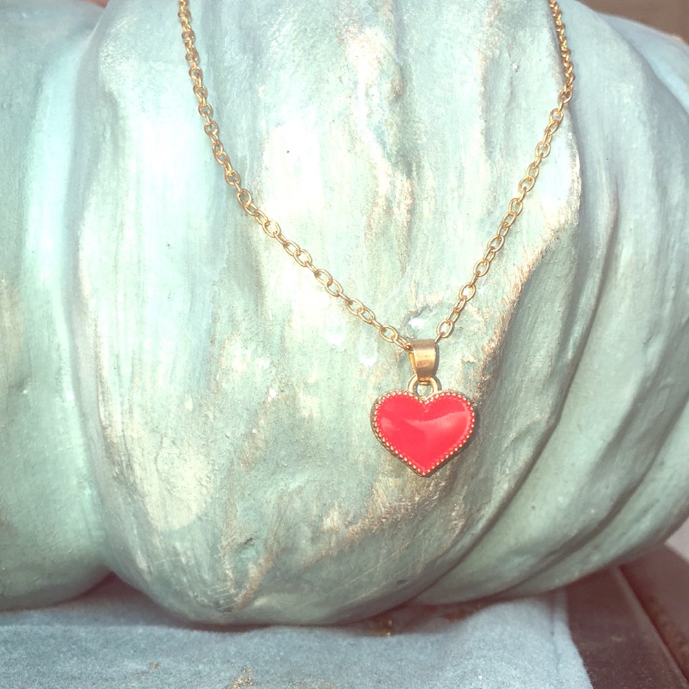 Red heart pendant necklace gold plated brass NWT